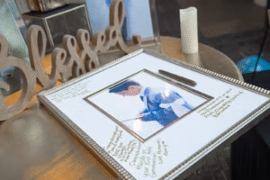 First Holy Communion guest book display at Oasis Convention Centre