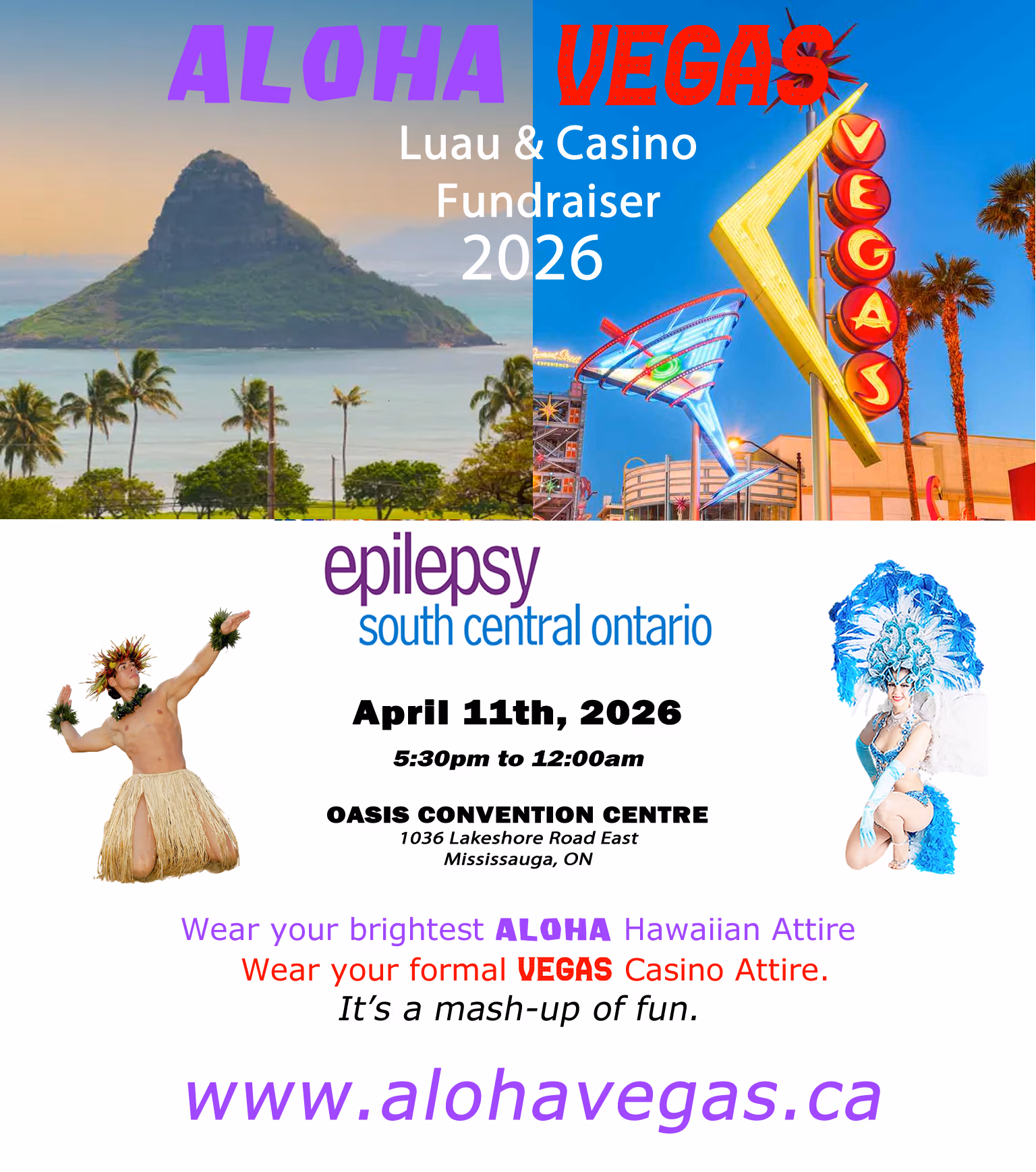 Promotional flyer for the Aloha Vegas Luau and Casino Fundraiser 2026 supporting Epilepsy South Central Ontario, taking place April 11, 2026 at Oasis Convention Centre in Mississauga.