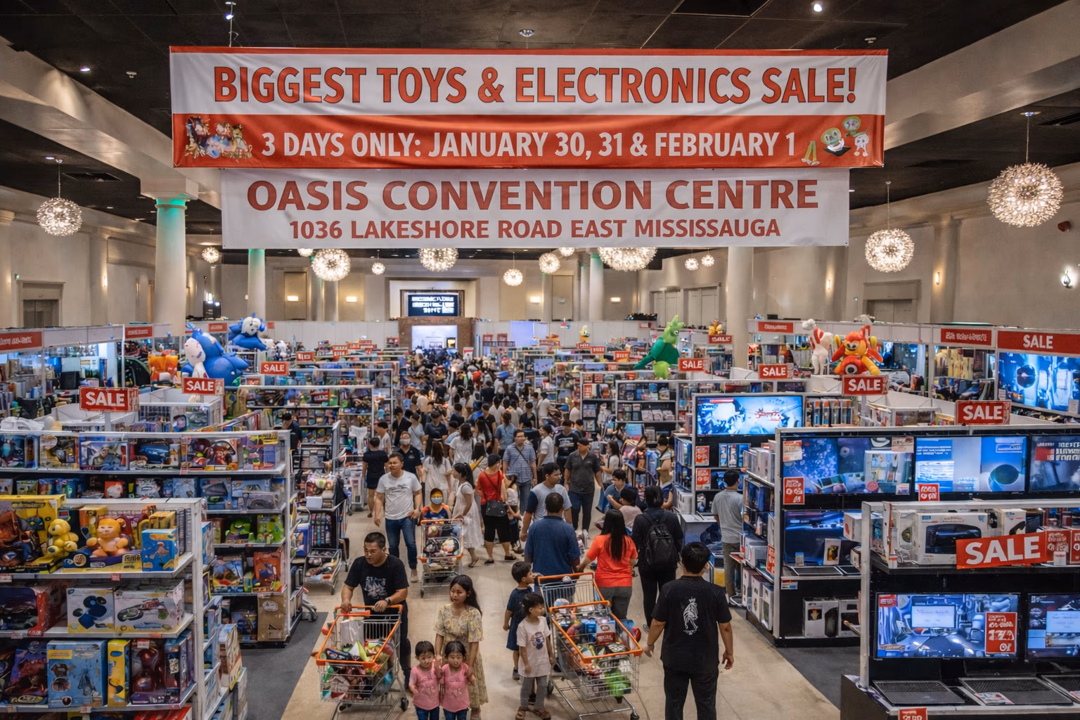 Crowds shopping at the Biggest Toys and Electronics Sale inside the Oasis Convention Centre ballroom in Mississauga