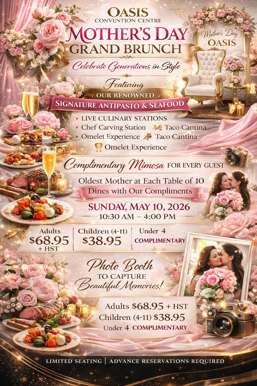 Mother’s Day Grand Brunch buffet at Oasis Convention Centre in Mississauga featuring antipasto with seafood, live cooking stations, carving station and elegant floral décor.